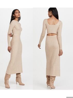 Lioness Neutral Ribbed Cutout Midi Skirt — oatmeal size XL NEW with tags